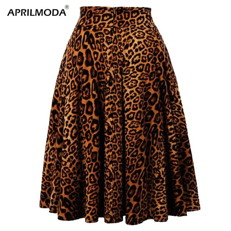 Winter Print High Waist Leopard Kjol Pläterad Kvinnor Flared Runway Midi Skater 50s Bomull Swing Rockabilly Party Kjolar Gotiska 211120