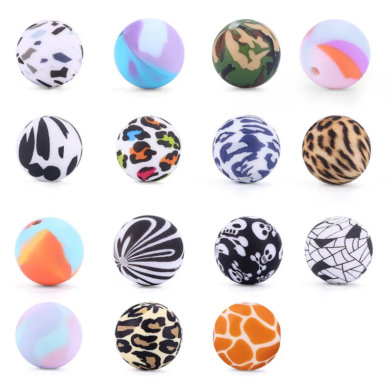 15mm Silicone Round Beads Printed Personalized Zebra, Leopard, Cow, Camouflage, Skull Print for DIY