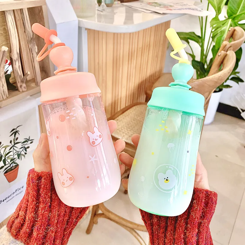 Cute Cartoon Printing Kinderen Mixing Tumblers Draagbare Plastic Water Cup Thuis Baby Leer om 4 kleuren te drinken