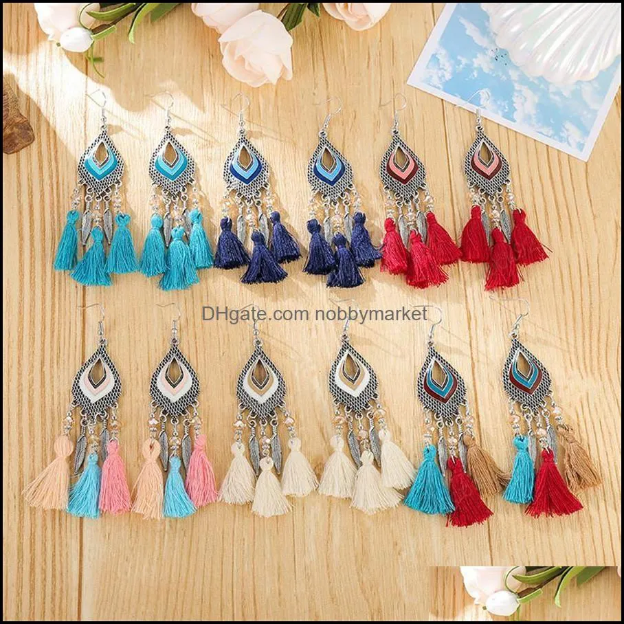 Retro hollow water drop crystal tassel rice beads long earrings female European and American ethnic style earrings bohemian jewelry