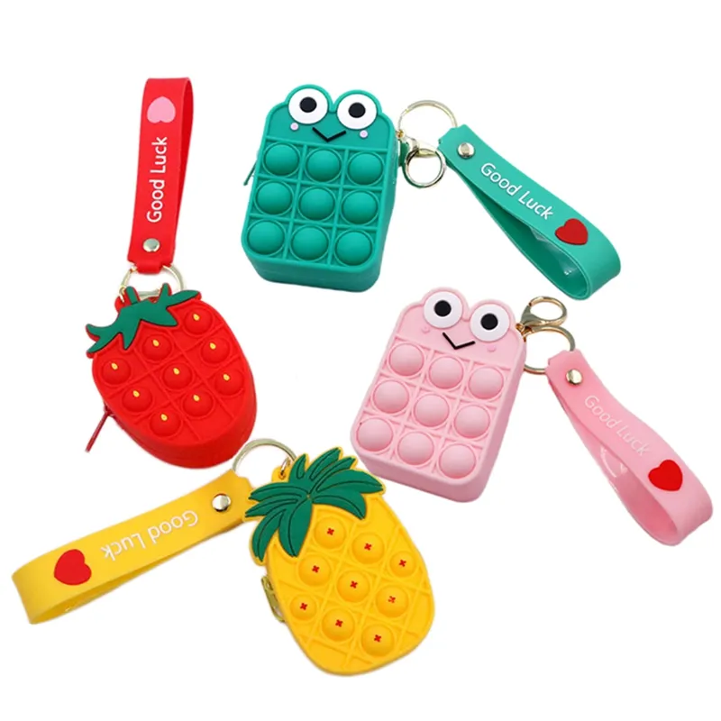 2021 DHL Toy Silicone Cartoon Fruit Doll Coin Purse Key Pendant Children Adult Push Bubble Sensory Educational Fidget Decompression Bag