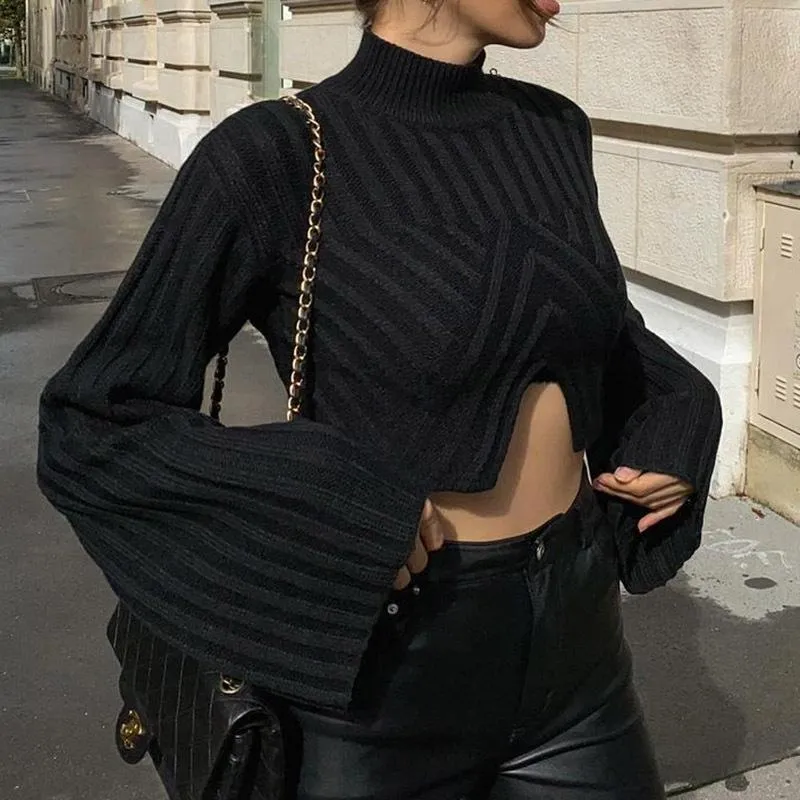 Women's Sweaters Turtleneck Knit Sweater Women Solid Basic Cut-out Crop Pullovers Autumn Spring Fashion Elegant Lady Long Flare Sleeve Clubw