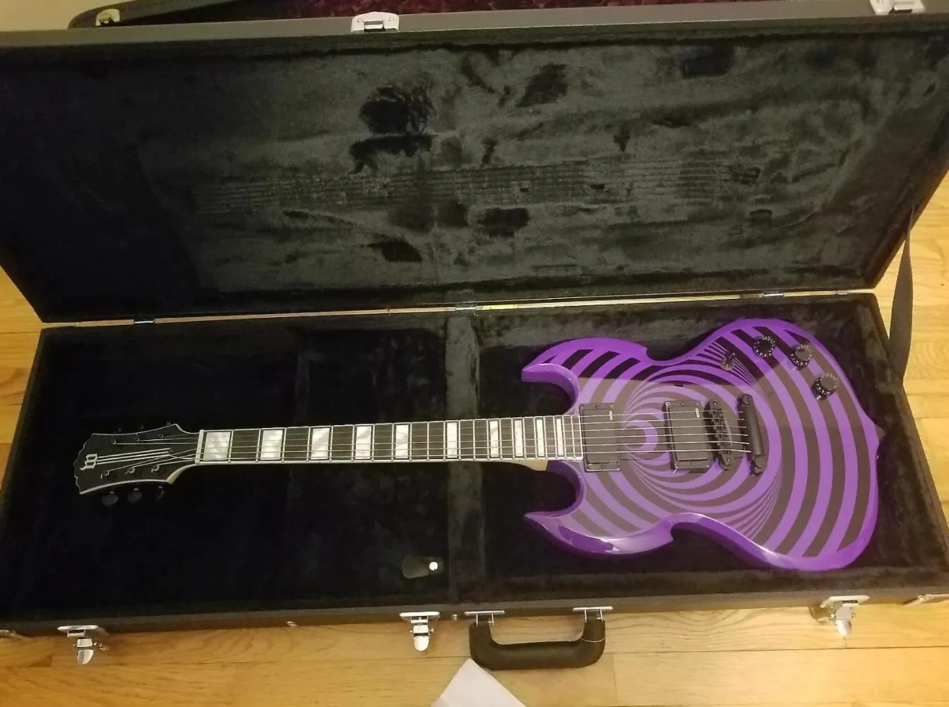 Zakk Wylde Audio Carbaran Purple Bullseye SG Электрическая гитара Большой блок инкрустации, черное оборудование, китайские пикапы EMG