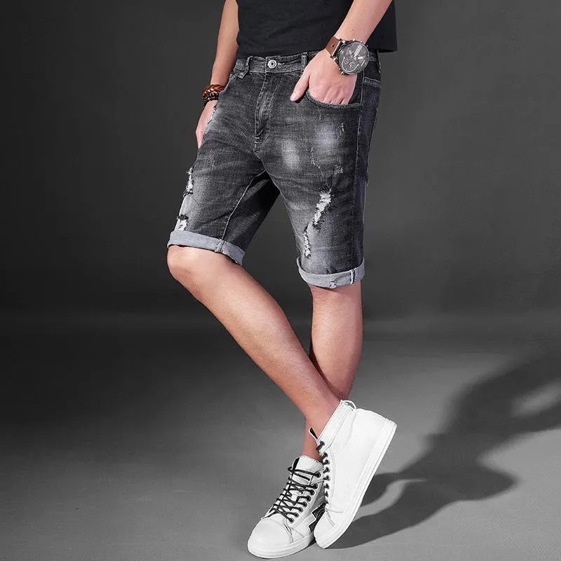 Men's Shorts Short Mens Fashion Summer Distressed Motor Man Soft Cotton Denim Jeans Knee-Length Vintage Slim Fit Trouser Male