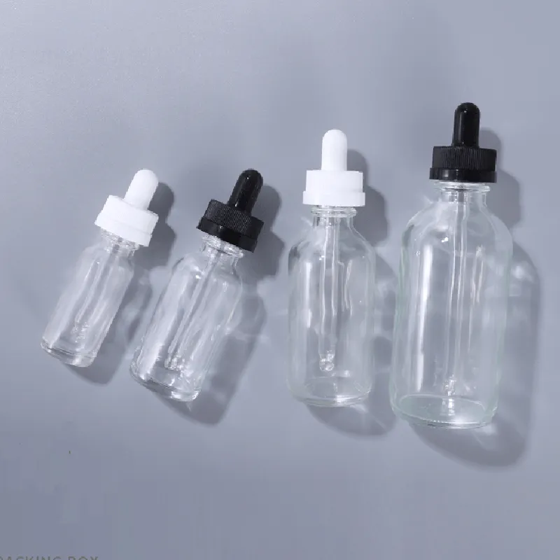 Clear Glass Dropper Fles 15 ml 30 ml 60 ml 120ml lege cosmetische essentiële oliecontainer met zwart wit Kinddichte deksels