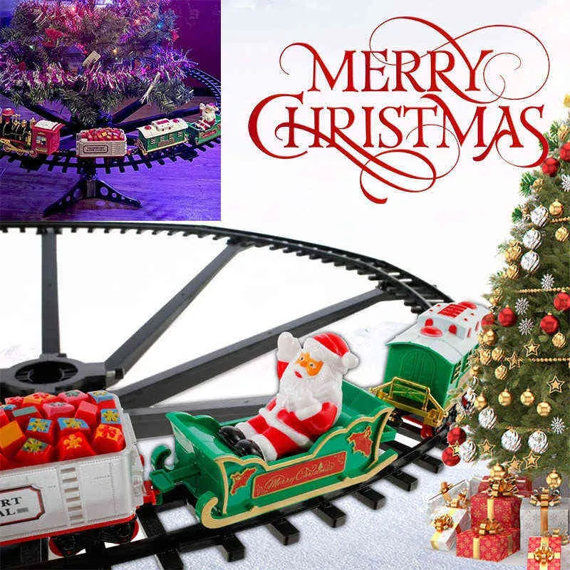 Julelektrisk järnvägsbiltåg Toys Christmas Tree Decoration Train Track Frame Railway Car with Soundlight Christmas Gifts L240116