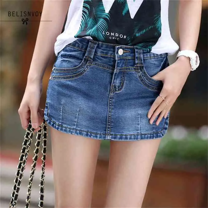 Été Denim Jupe Shorts Femme Mode Haute Taille Stretch All-Match Femmes Plus Taille Blue Jeans 210714