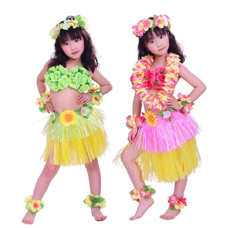 8pcs Children Hawaii Hula Dress Grass Skirts Kids Hula Skirt Hawaiian Costumes Headband Garland Wreath Hawaiian Party Decoration 210610