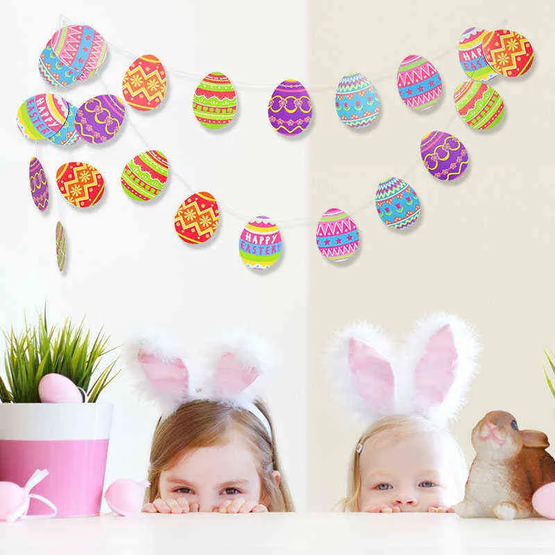 Easter Day Banner Bunting Egg Decor Happy Easter Banner Bunting Rabbit Bunny Egg Hanging Bunting Garland for Easter Home Decor