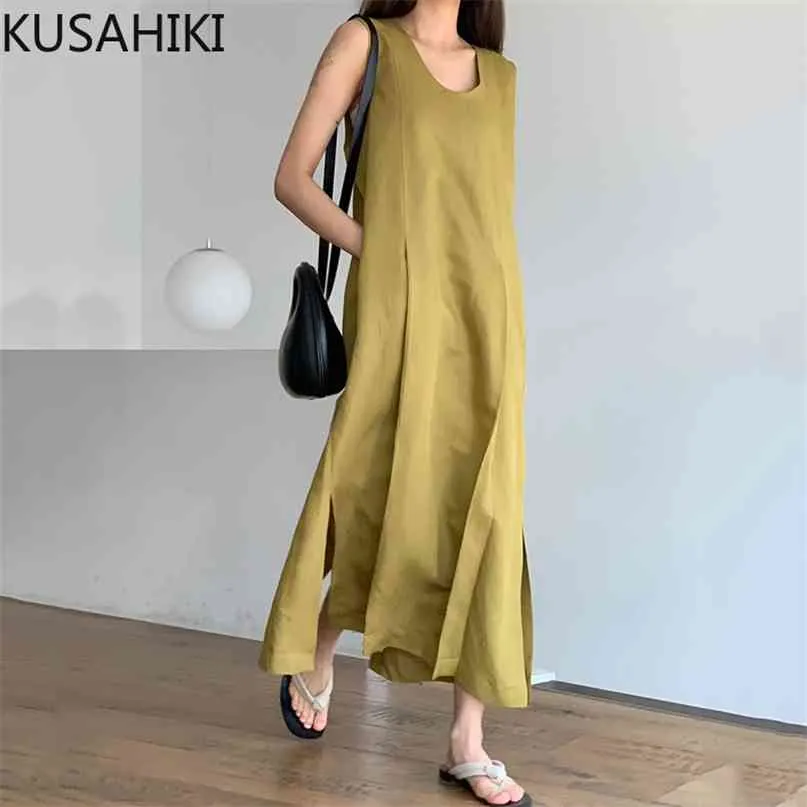 Kausal V-Neck Fickor Tank Klänning Koreanska Ärmlös Split A-Line Vestidos Femme Sommar Solid Klänningar 6J006 210603