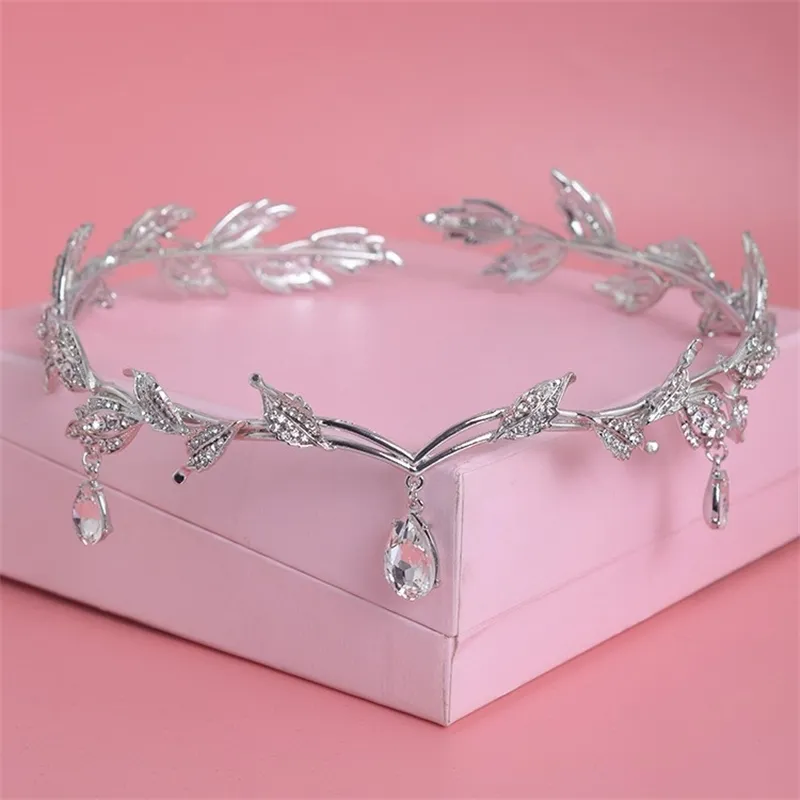 Luxury Crystal Bridal Tillbehör Bröllop Rhinestone Waterdrop Leaf Tiara Crown Headband Frontlet Brides Hair Smycken