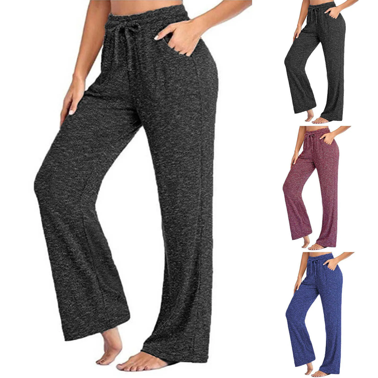 High Waist Solid Color Women Wide-Leg Pants Loose Summer Ladies Pockets Fitness Running Sports Pants Workout Jogger Sweatpants Q0801