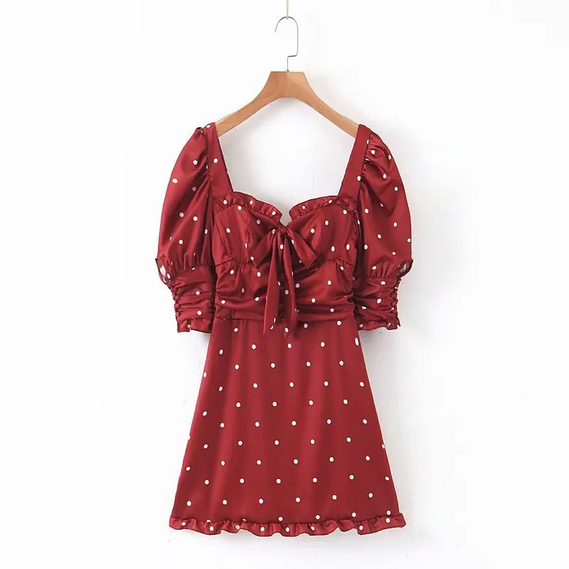Vintage Sexy Polka Dot Bow Tie Ruched Strapless Dress Elegant Women Puff Sleeve Mini Dresses Casual Vestidos Mujer 210520