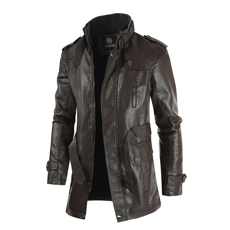 Mens mid-length leather jacket with stand-up collar plus velvet large size mens belt warm and windproof PU jacket