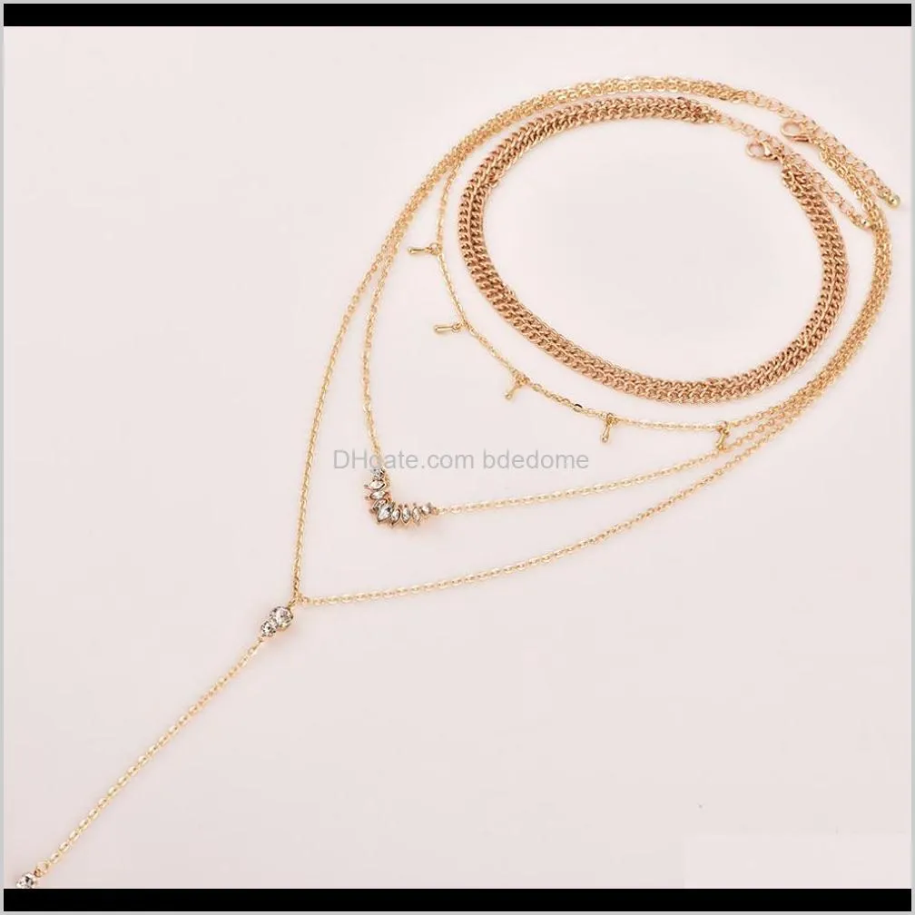 hot sale multi layer necklace two layer chain choker water-drop imitation diamond pendant metal chain gold plated