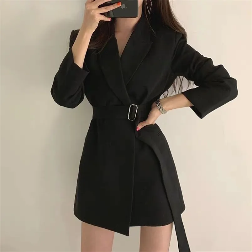 秋の韓国のオルの女性のブレザージャケットがベルトスーツのコートの女性ソリッドカラーオーバーコート女性イギリススタイルのoutwear 210514