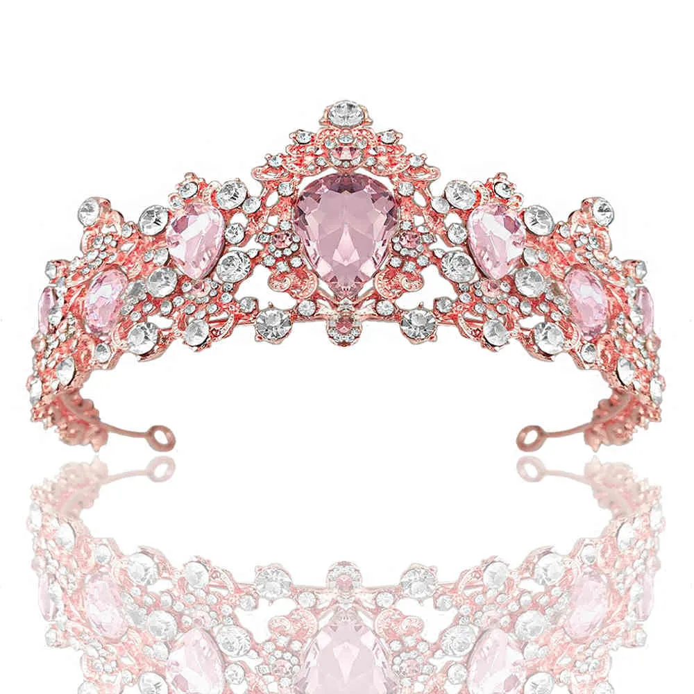 Kmvexo tiaras bruiloft bruids accessoires luxe barok kristal roze koningin kroon vrouwen volwassen cadeau feest haar sieraden