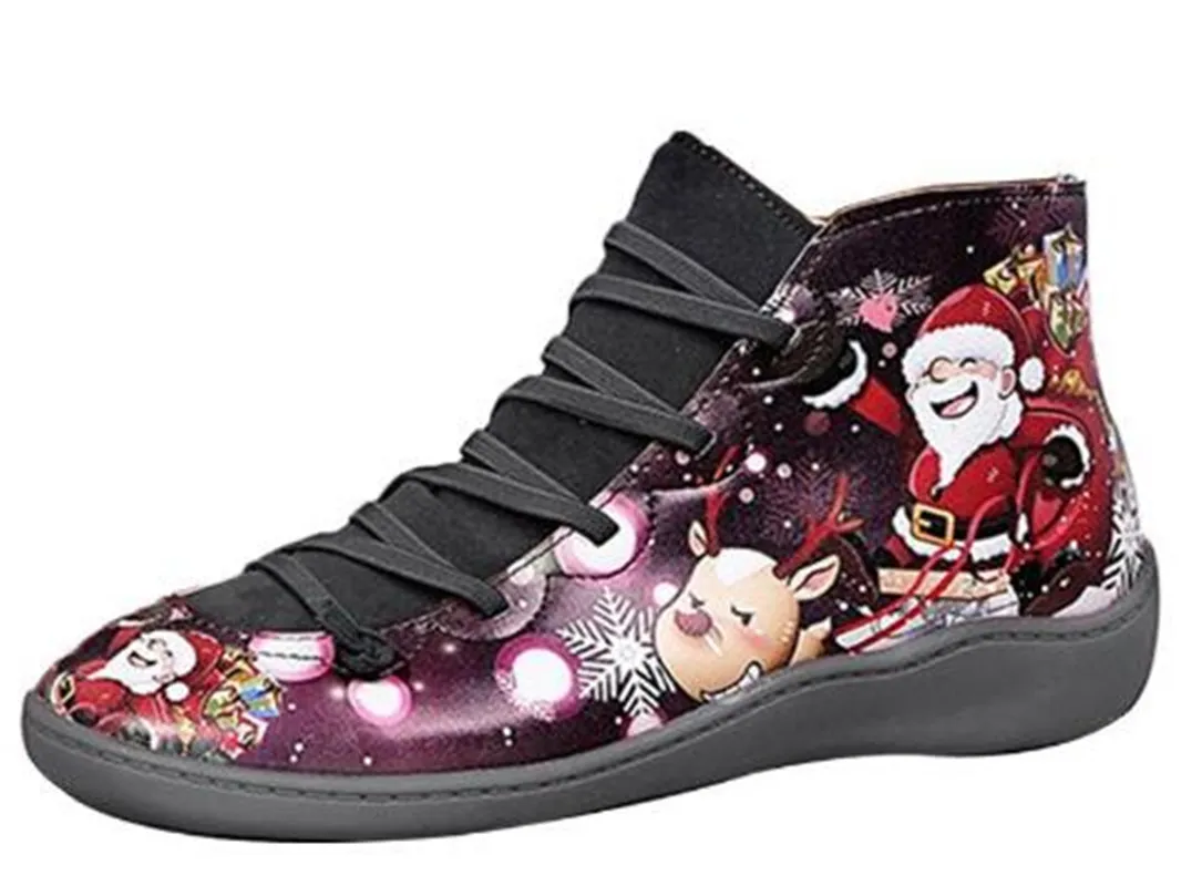 Women Boots Platform Luxurys Designers Shoes Fashion 3D Christmas Pattern Round Toe Lace Up & Zipper Flat Winter Snow Ankle Boots 2020 New
