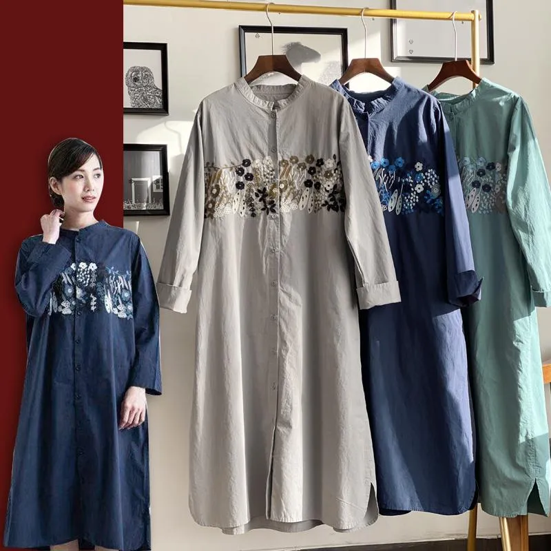 Dorywczo sukienki Lato Kobiety Mori Dziewczyna Vintage Luźne Plus Size Japonia Styl Flower Haft Wygodna bawełniana koszula wysokiej gęstości