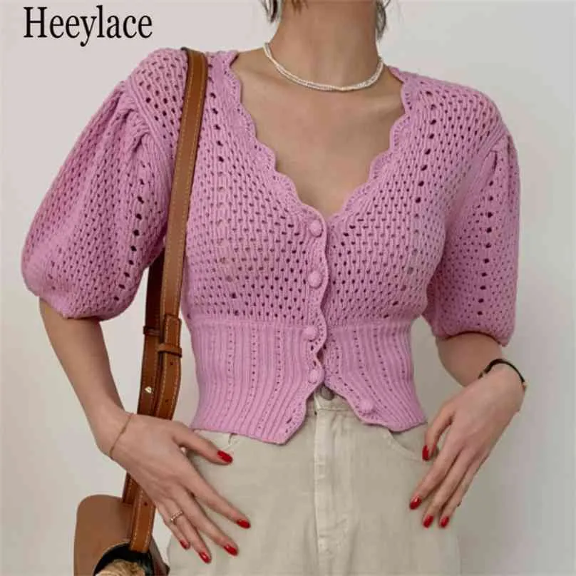 Summer Casual Knitwear Sweater Suff Sleeve Oco Out Crochet Flor Cardigan Mulheres Elegante V Pescoço Slim Tricotecas Crop Tops 210918