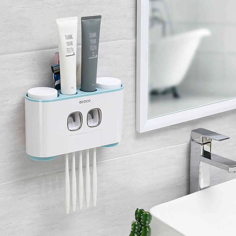 Set Portaspazzolino Da Bagno IHave Con Dispenser Dentifricio E 4 Tazze, A Parete Senza Fori - 3