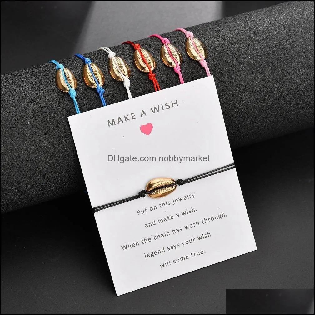 Charme Bracelets Bijoux Or Cauri Shell Wrap Bracelet Avec Faire Un Vœu Carte-Cadeau Pour Les Femmes Délicat Corde Chaîne Simple Bohème Plage Goutte