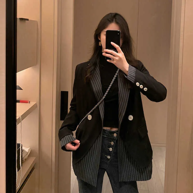 Blazer Women Suit Jacka Kvinnor Chic Spring Striped Stitching Fake Two-Piece Double Breasted Top Veste Femme X0721
