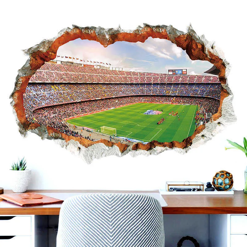 Mur brisé 3D Soccer Field stickers muraux pour enfants chambres de bébé chambre décoration murale affiche football autocollant art stickers Y0805