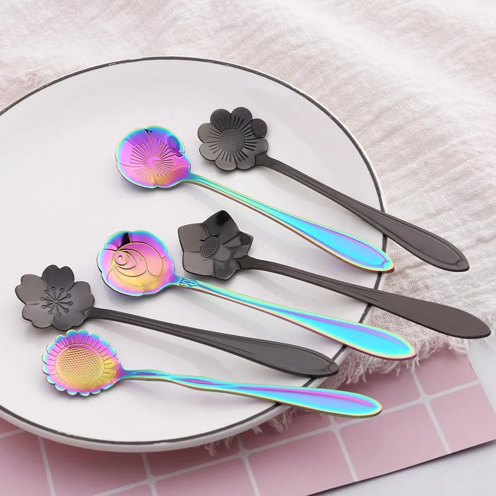 Black Rainbow Spoons Flower Dessert Coffee Spoons Stainless Steel Sugar Spoons Cutlery