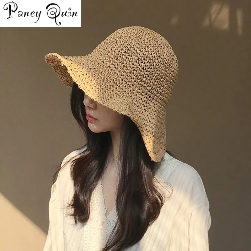 Marque Femmes Summer Hats Sun Beach Panama Chapeau de paille Large Vague Bronzée Plié en plein air Casquettes Loisirs Cap Viseurs