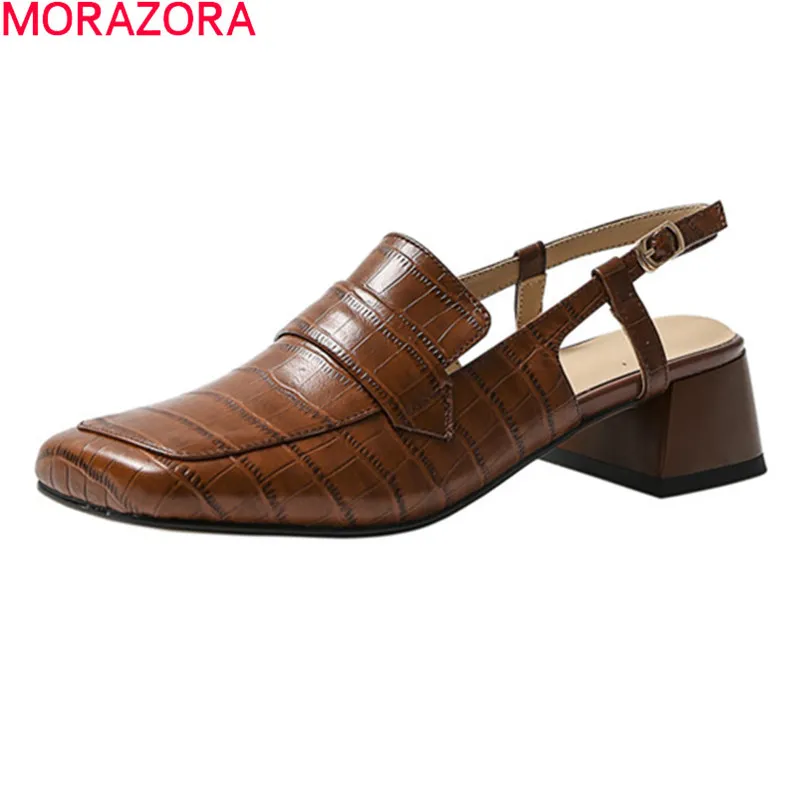 MORAZORA grande taille 34-42 femmes sandales talons épais bout carré mode dames chaussures simples en cuir véritable bureau robe chaussures 210506