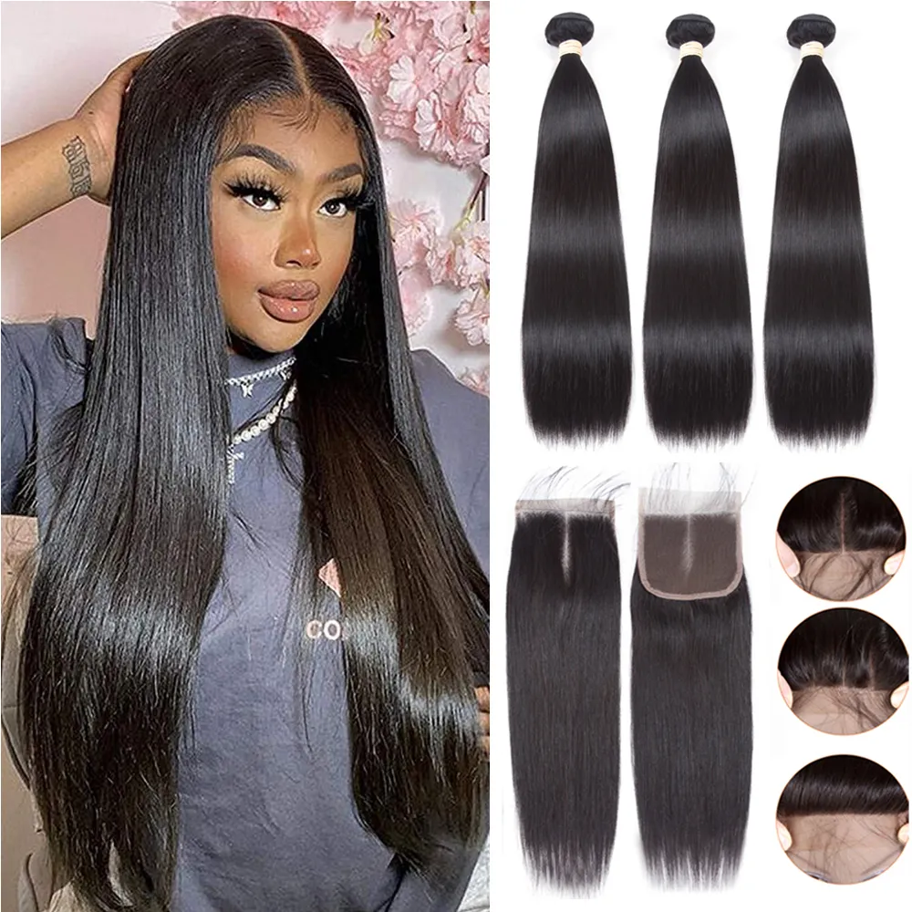 Straight Hair 2 Bundles With 1pcs 4*4 Lace Closure Brazilian Human Hair Extension 16 inch