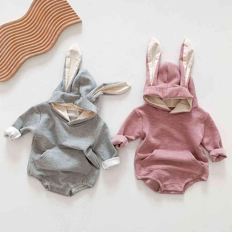 Våren Baby Boys Girl Rabbit Rompers Långärmade Hooded Höst Boy Bödd Kläder 210429