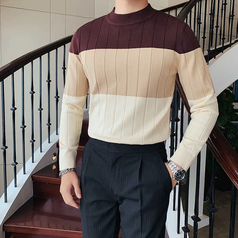 Hoge kwaliteit halve coltrui trui heren slim fit gebreide truien winter contrast gestreepte trui homme casual knitwear top 210527