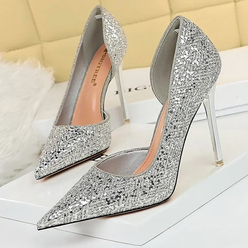 Paillettes Donna Pompe 2022 Primavera Stiletto Tacchi alti Nastro Champagne Scarpe da sposa Tacco in metallo Scarpe da festa Taglia 43