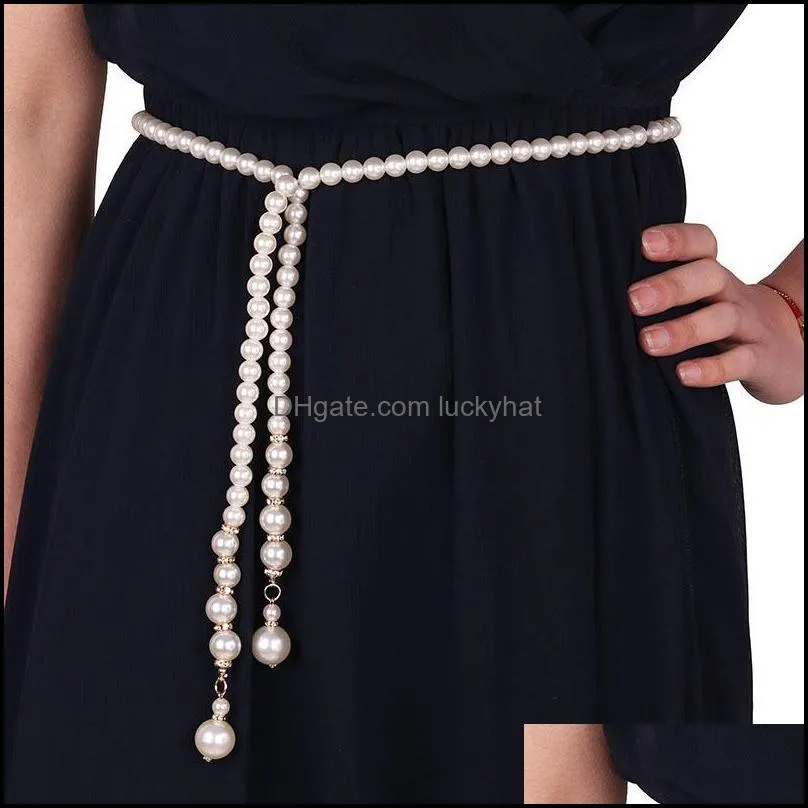 Sweet Simple Pearl Waist Chain Belts Sweater Fur Long Tassel Women Party Jewelry Dress Belt Women`s Slim