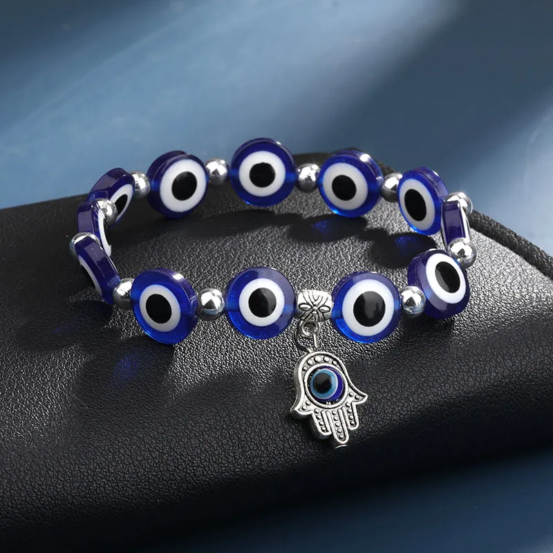 Lucky Hand Evil Blue Eye Strand Charm Armband Bangles Pärlor Turkiska pulser för kvinnor smycken grossist