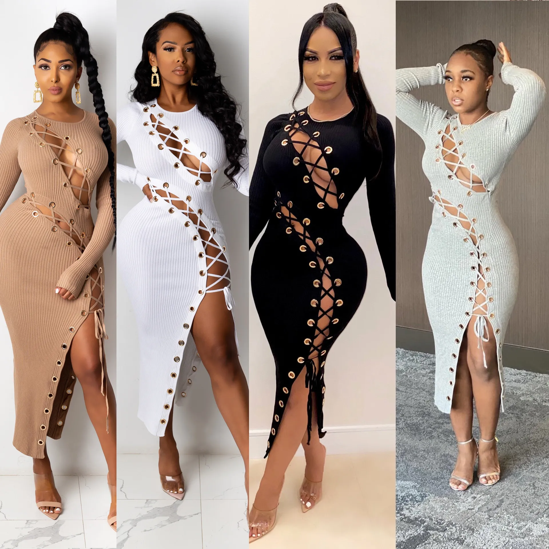 Women's Sexy Hollow Out Cross Lace-up Dress Long Sleeve O-Neck Skinny Solid Color Spliting Hem For Party Clubwear