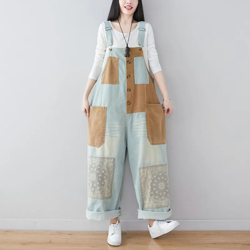 Johnature женщины винтажные комбинезоны лоскутное цветное джинсовые хлопчатобумажные весенние свободные женские одежды корейский стиль комбинезон 210521