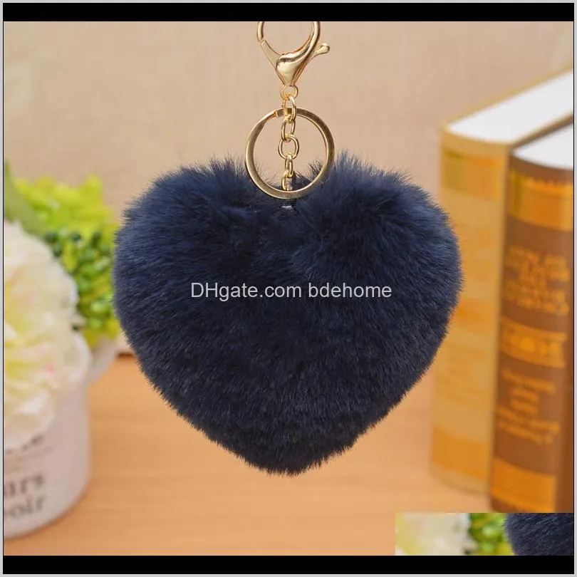 12cm cute fluffy heart keychains women`s pom poms faux rex rabbit fur key chains girl bag hang car key ring jewelry accessories