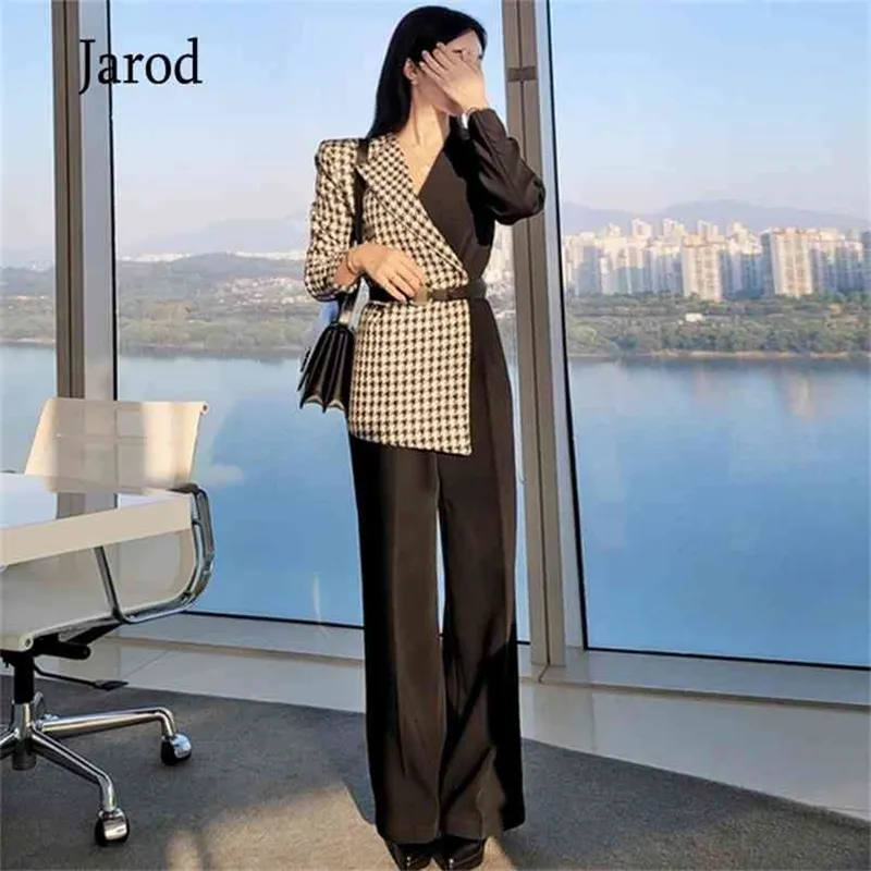 Plaid Tweed Patchwork Eleganckie Szerokie Nogi Kombinezony Kobiety Jesień Zimowe Pajacyki Wysokiej Talii Office Lady Ol Wear Plays Utwór Kombinezony 210519