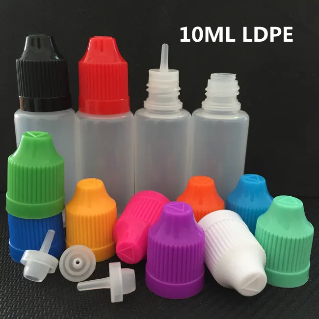 10ml ldpeペットジュース液体プラスチックドロッパーボトルスクエアニードルオイルボトルカラフルなチャイルドプルーフキャップ付きジャーコンテナストレージ