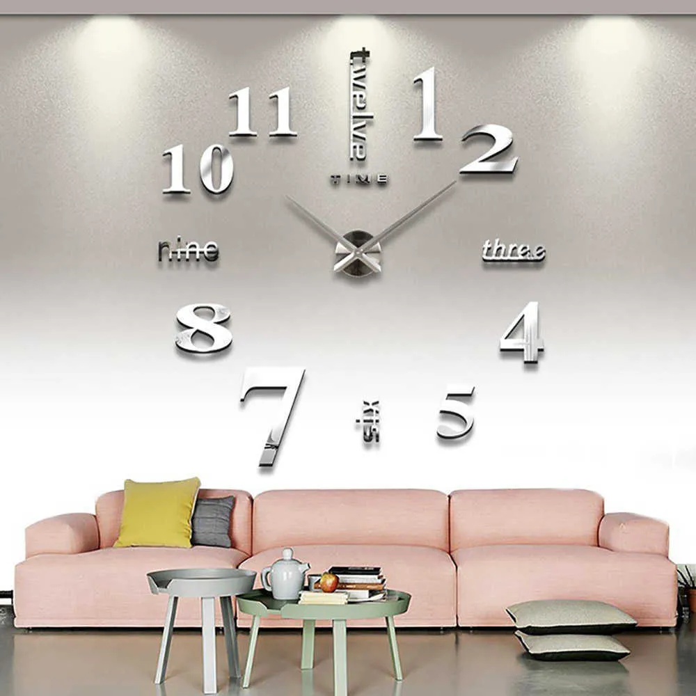 3D lumineux réel grande horloge murale se précipita miroir autocollant bricolage salon décor à la maison mode montres Quartz grand 4 210724