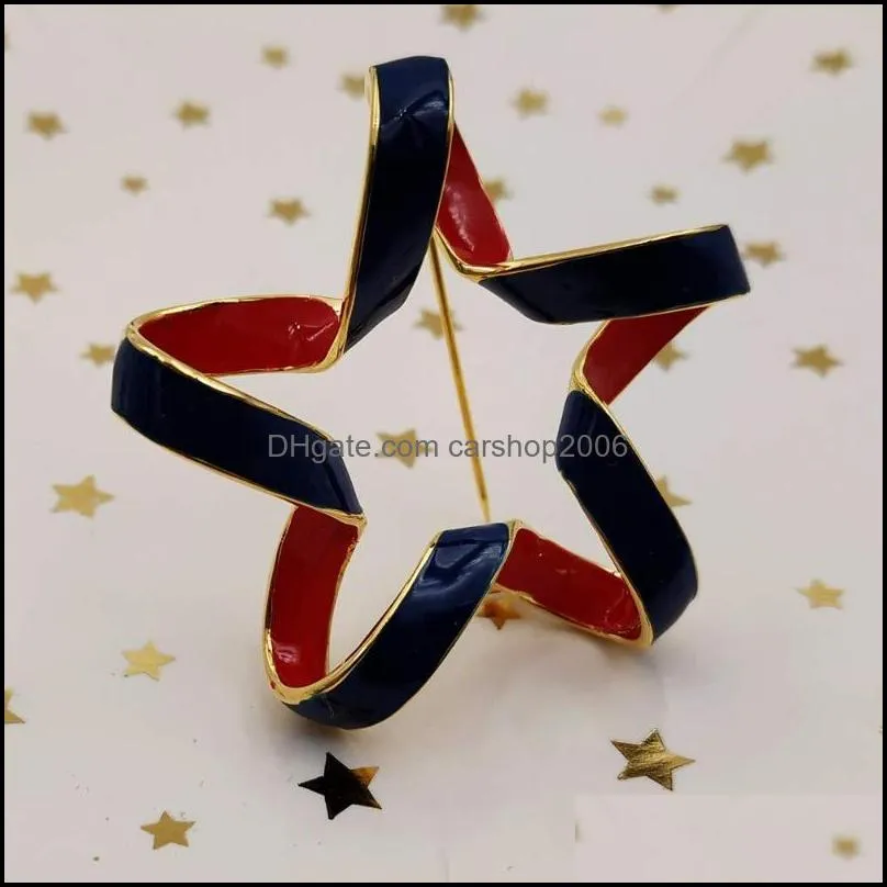 Pins, Brooches Independence Day Jewelry Opens Ribbon Style Five Point Blue Red Enameled Star Pins Goldtone Women Dress Shirt Accessory