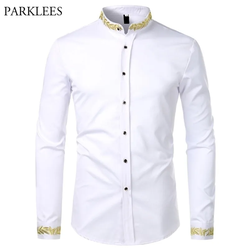 الذهب التطريز القميص الأبيض الرجال العلامة التجارية ذوي الياقات الذكور القمصان اللباس غير الرسمي طفيف الأكمام طويلة الأكمام.
