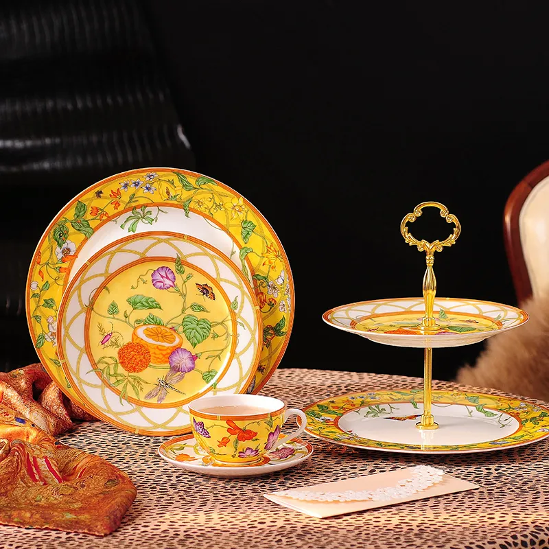 Ensembles de vaisselle de luxe Design fruits et fleurs, en porcelaine, salle à manger occidentale, assiette à dîner, tasse à café, plat à fruits