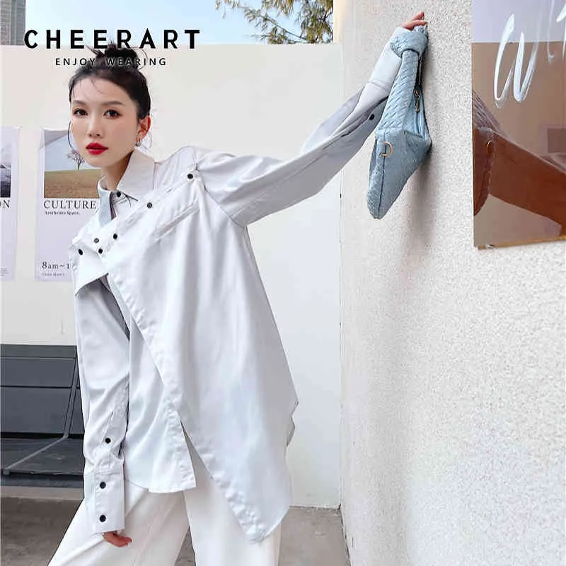 Designer Silver Long Sleeve Shirts For Women Collared Asymmetrical Tops And Bloues Satin Loose Shirt Fashion 210427