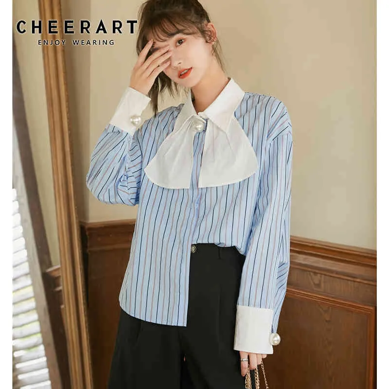 真珠の長袖の弓トップブルーの縞模様の韓国のブラウス女性ボタンアップカラーかわいいシャツ秋の服210427