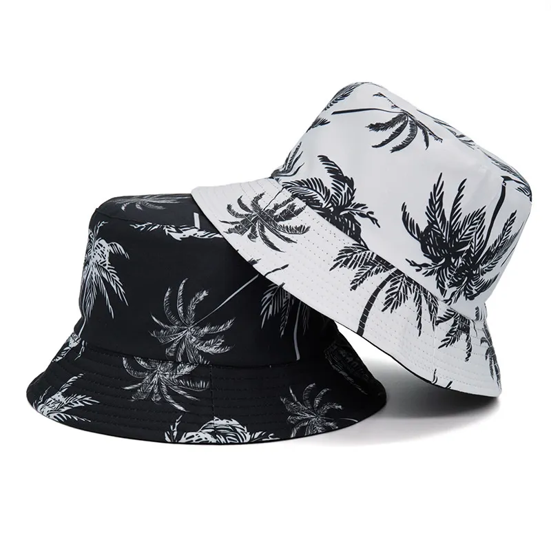 Canvas Fisherman Mössor Män och Kvinnor Tryckt Coconut Palm Dubbelsidig hink Hat Unisex Outdoor Travel Sun Visor Caps