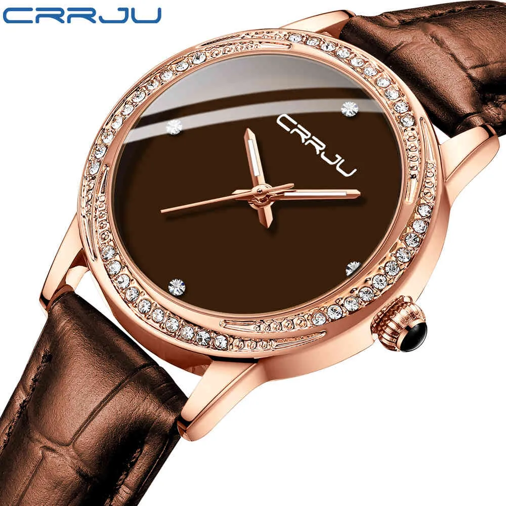 Ladies 'Watch Crrju Fashion Elegant Damond Japan Rörelse Kvarts Klockor För Kvinnor Vattentät Läderrem Klockor Montre Femme 210517